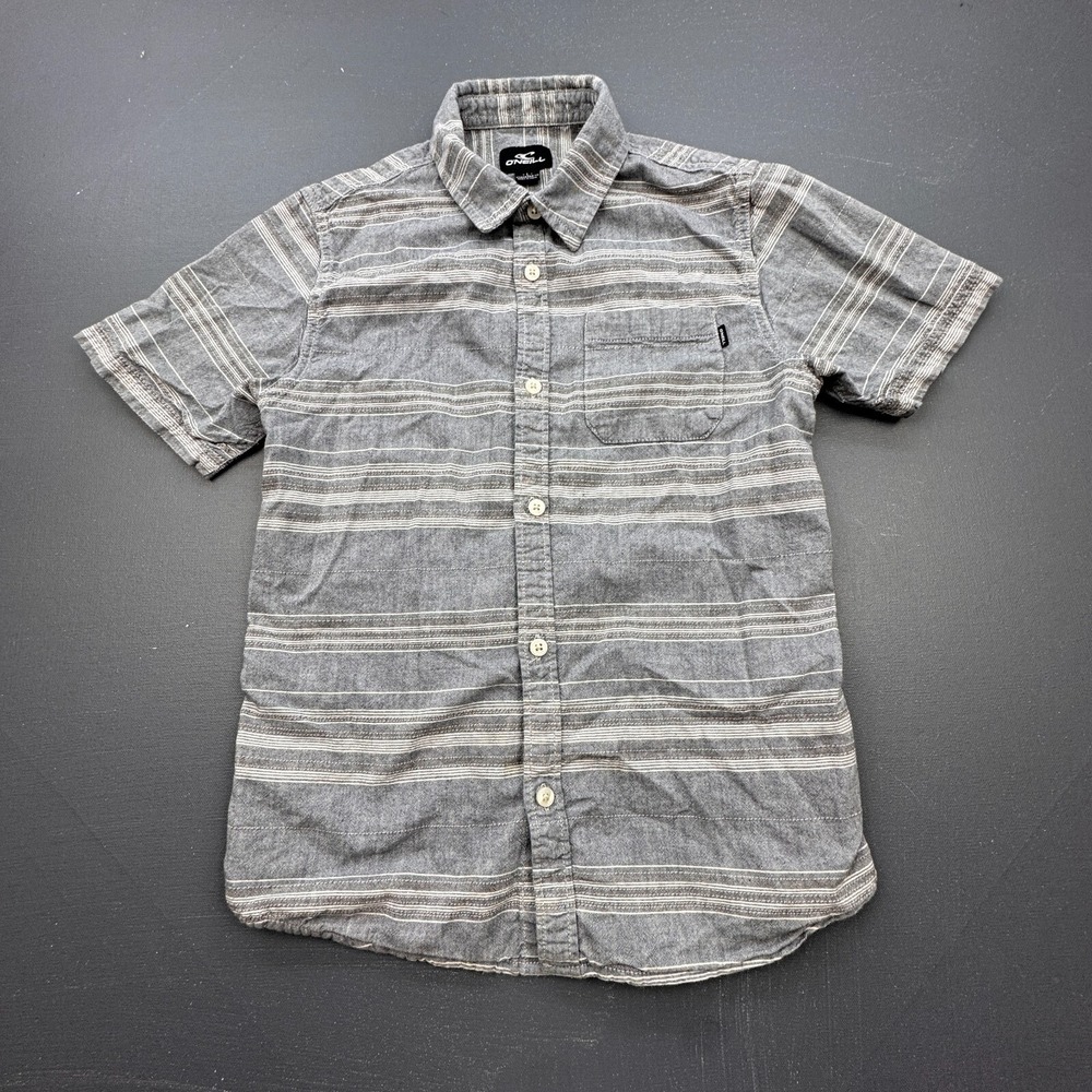 O'Neill Short Sleeve Button Up Shirt Boy's Large Grey Striped Casual Surf Aloha